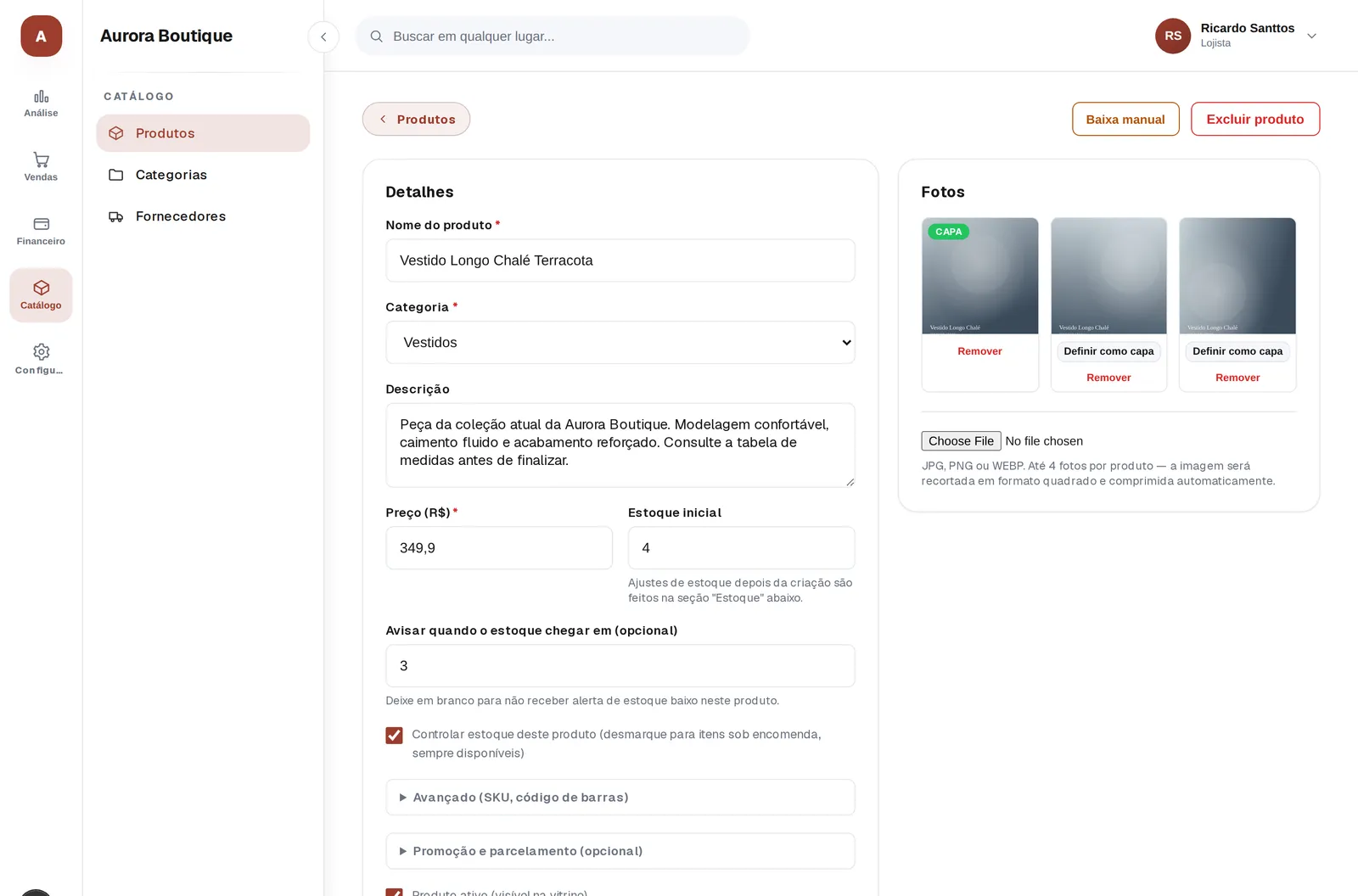 Editor de produto no painel, com fotos, preço e estoque